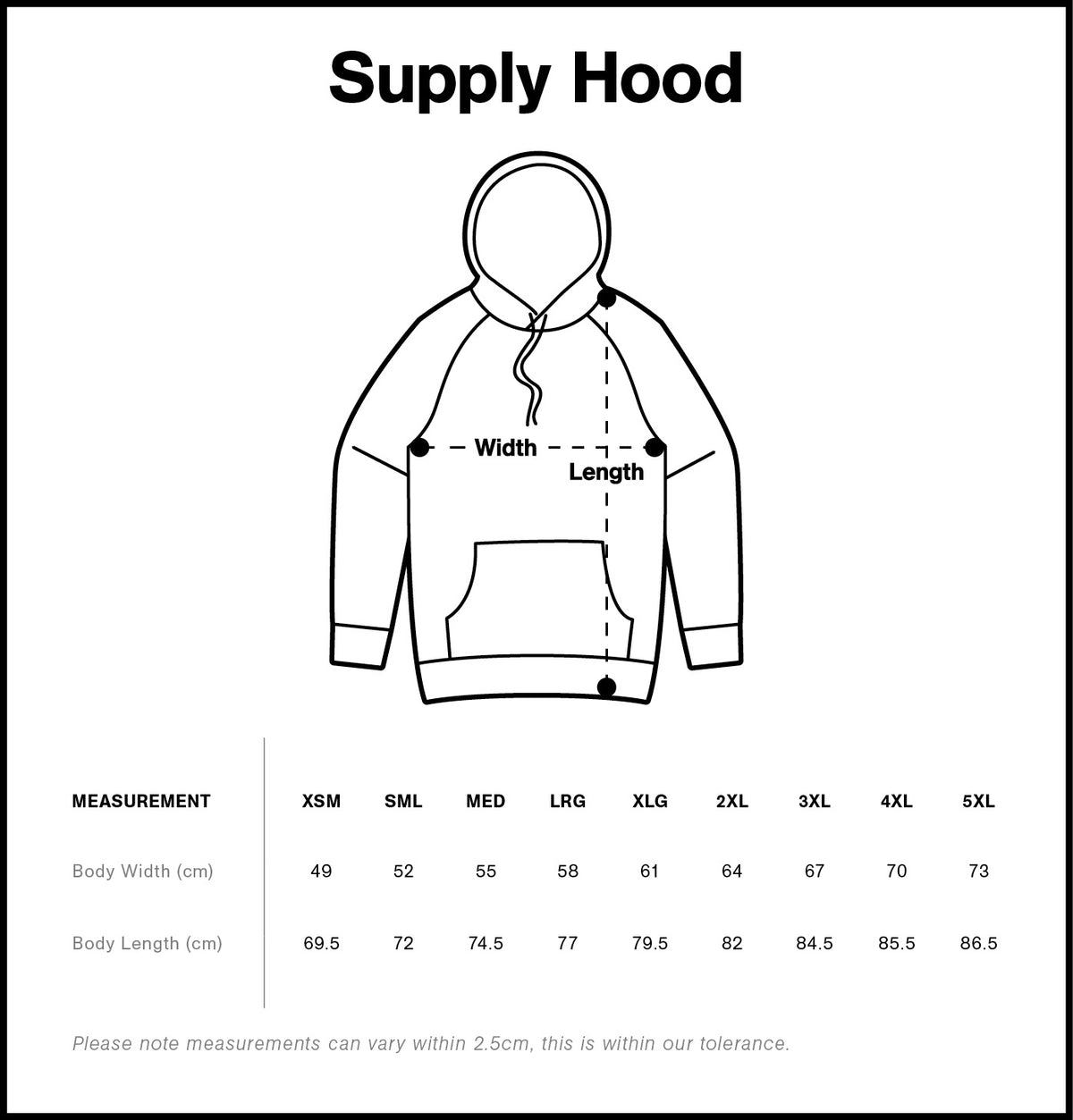 Measurement chart for a hoodie with dimensions labeled