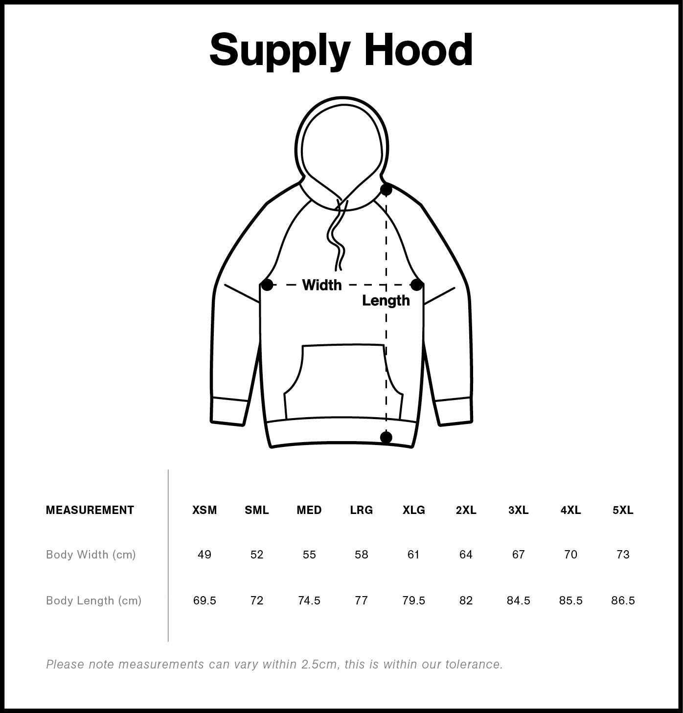 Measurement chart for a hoodie with dimensions labeled